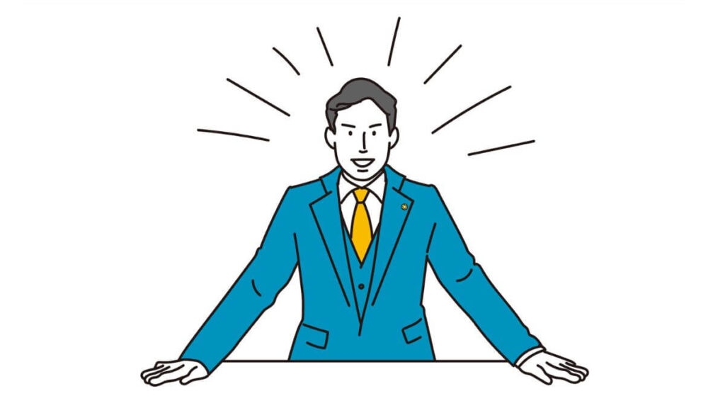 自信を持って話すスーツ姿の男性