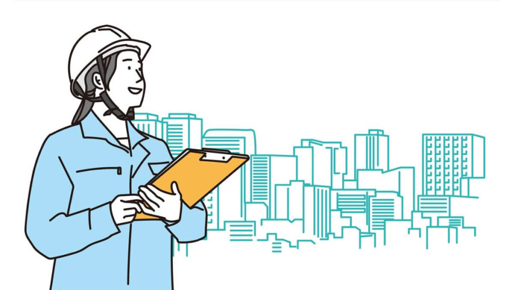 バインダーを持ち笑顔の作業着姿の女性