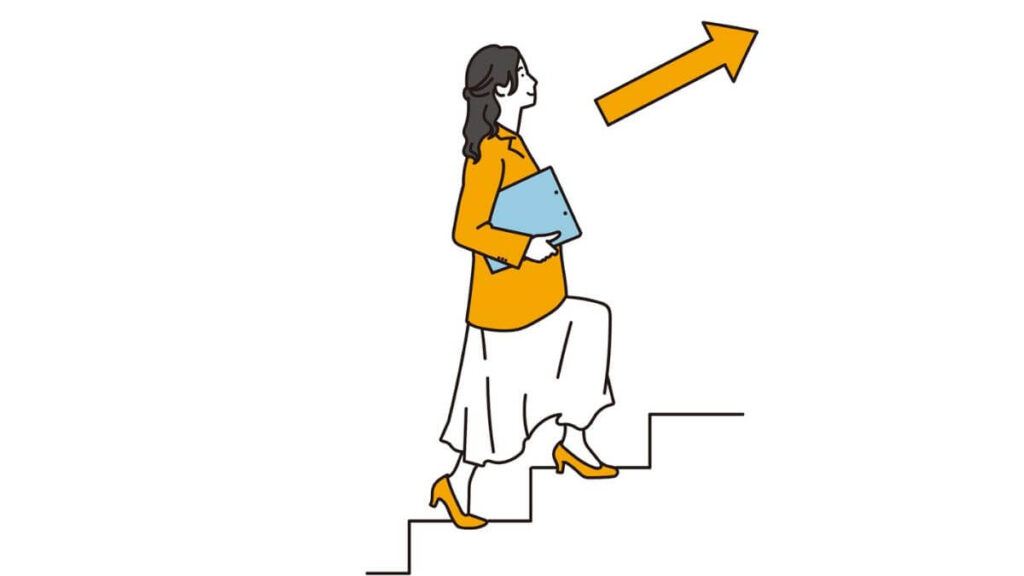 明るい表情で階段を登る若い女性