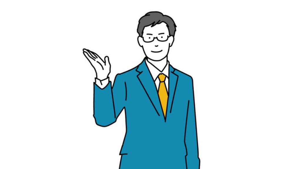 手を挙げて案内をするスーツ姿の男性