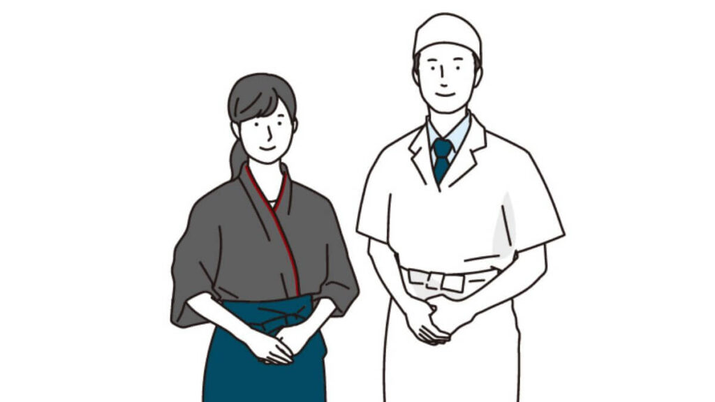 前で手を組む飲食店の男女