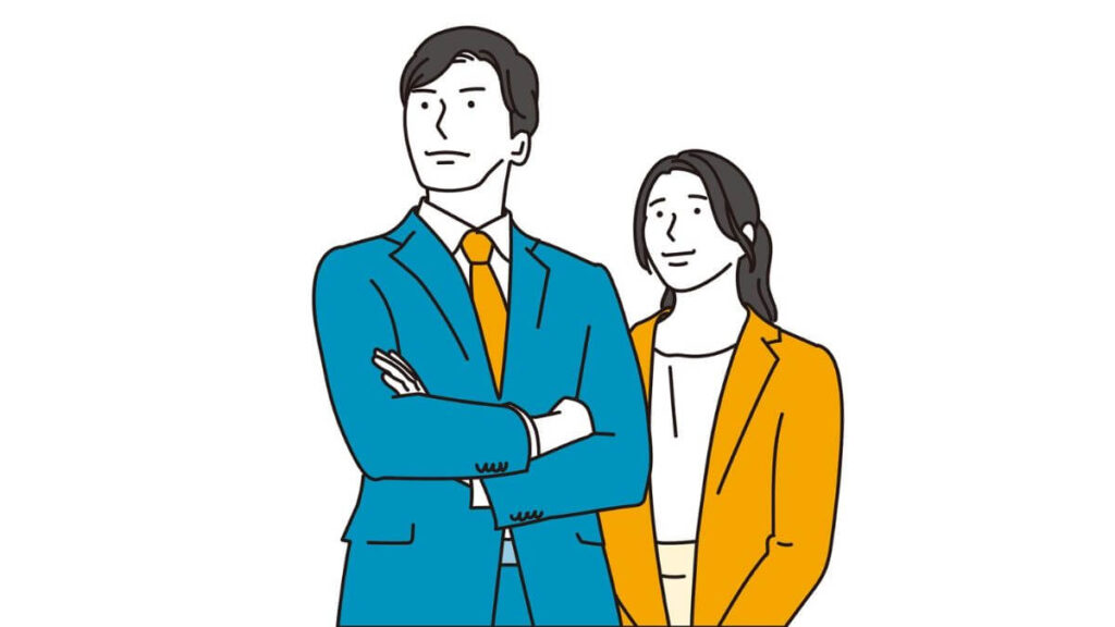 空を見上げるサラリーマンとキャリアウーマン