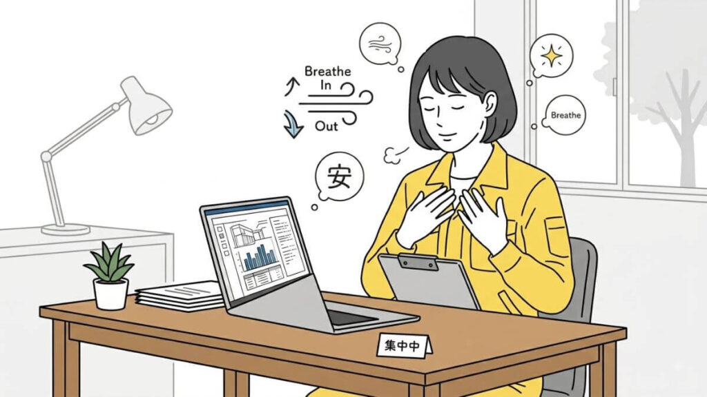 深呼吸をして気持ちを落ち着ける女性