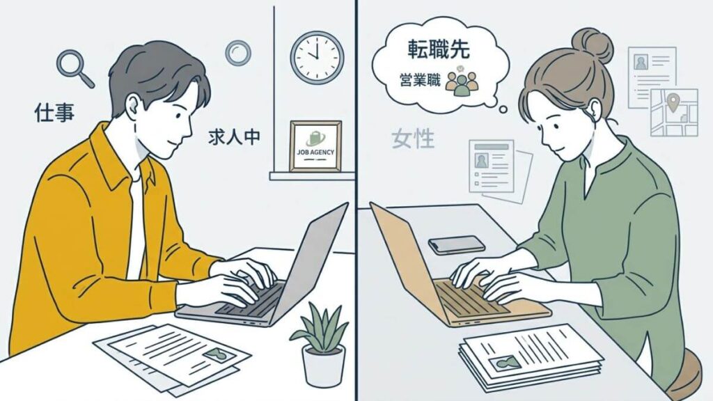 パソコンで仕事を探す男女