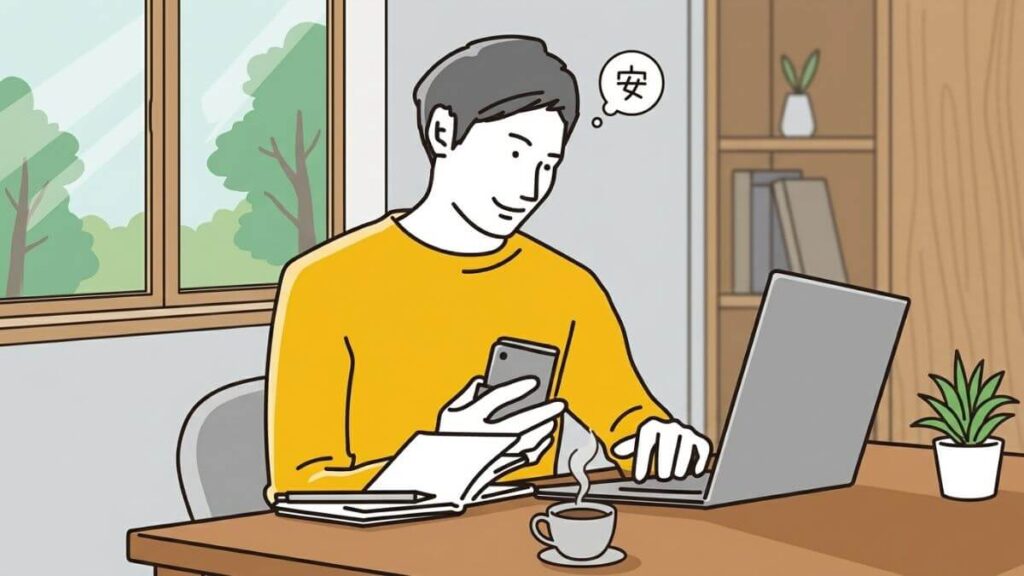 笑顔で在宅ワークをする若い男性