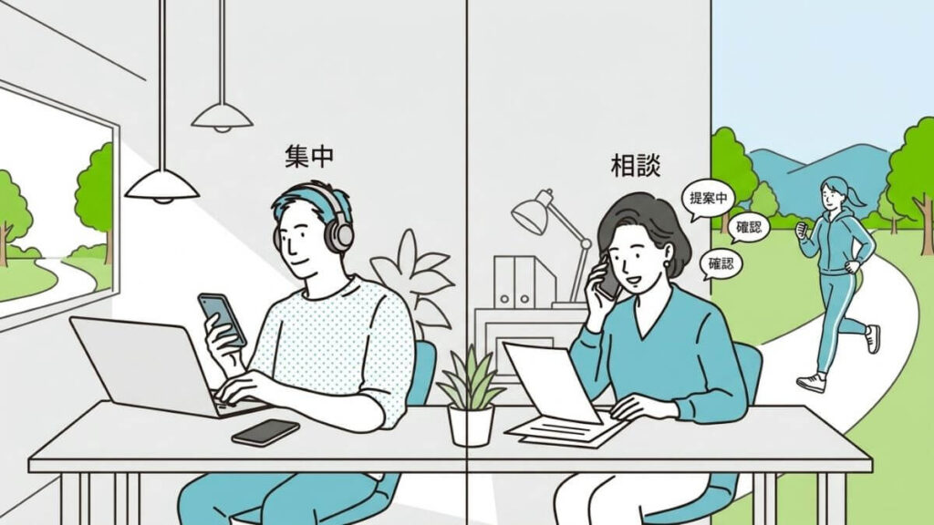 自分のリラックス方法を試しながら仕事をする男女