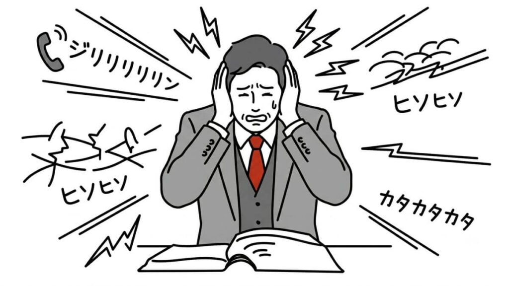 両手で耳を押さえながら仕事をするサラリーマン